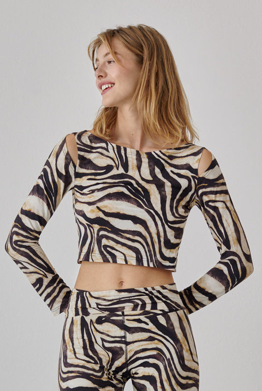 Nachhaltiges Langarm Croptop mit Schultercuts im zebra print für Frauen von Lounge Cherie