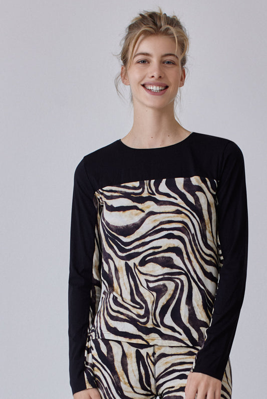 Nachhaltiges Langarmshirt aus Modalfaser im Zebramuster und schwarz für Frauen von Lounge Cherie