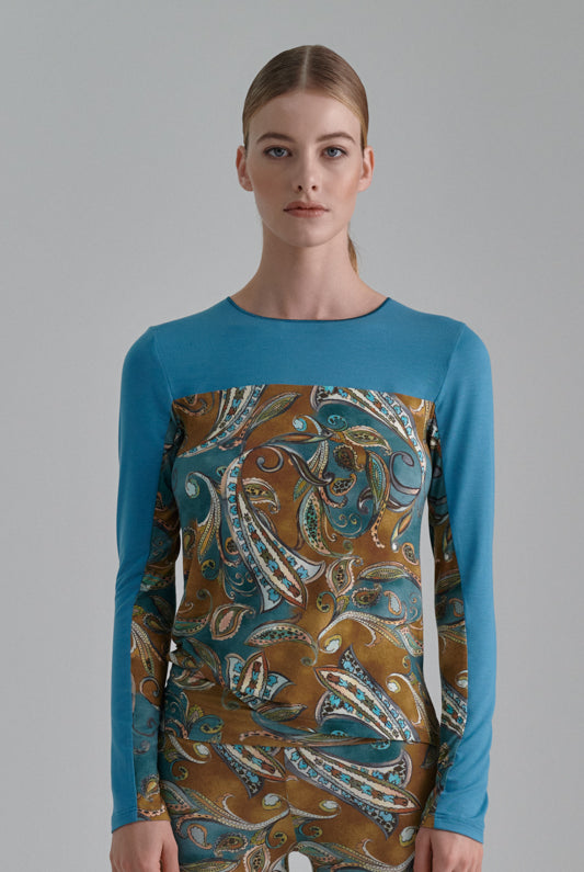 Nachhaltiges Langarmshirt aus Modalfaser in petrol/braunem Paisleymuster und moos für Frauen von Lounge Cherie