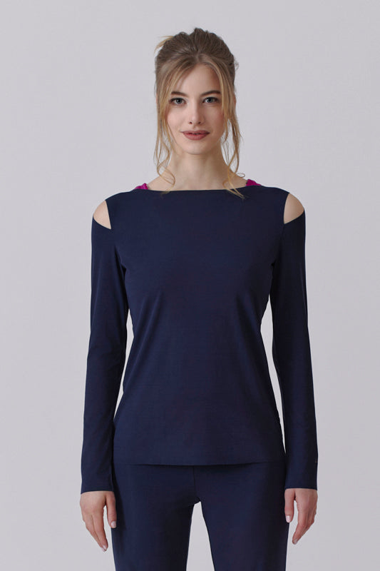 Nachhaltiges Langarmshirt mit Schultercutouts in Navyblau für Frauen von Lounge Cherie