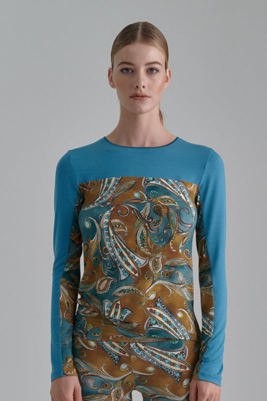 Nachhaltiges Langarmshirt aus Modalfaser in petrol/braunem Paisleymuster und moos für Frauen von Lounge Cherie